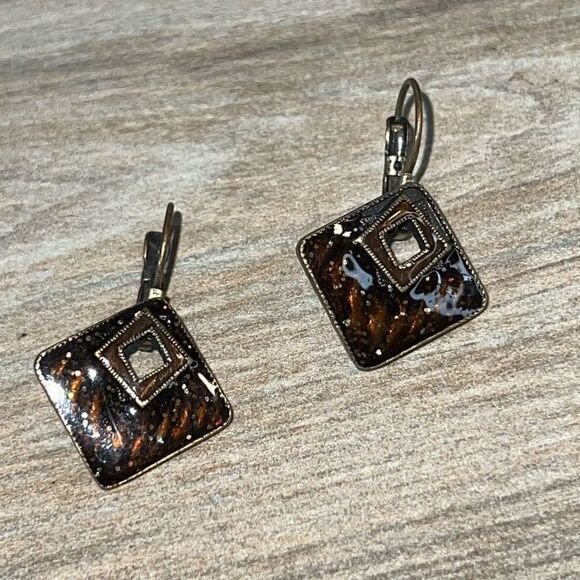 Bohemian Inlay Leaver Back Earrings Drop Antique Gold Tone Boho Chic Classiccore - Picture 1 of 8